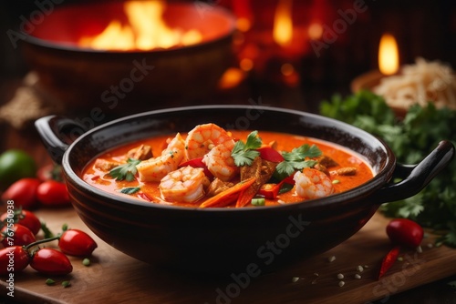 Thai spicy red curry with shrimp served on wooden table, delicious restaurant food menu
