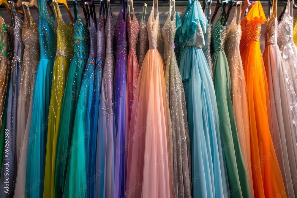 Colorful dresses on hangers in a store display