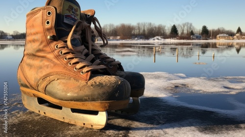 A frozen pond with a pair of skates nearby photo