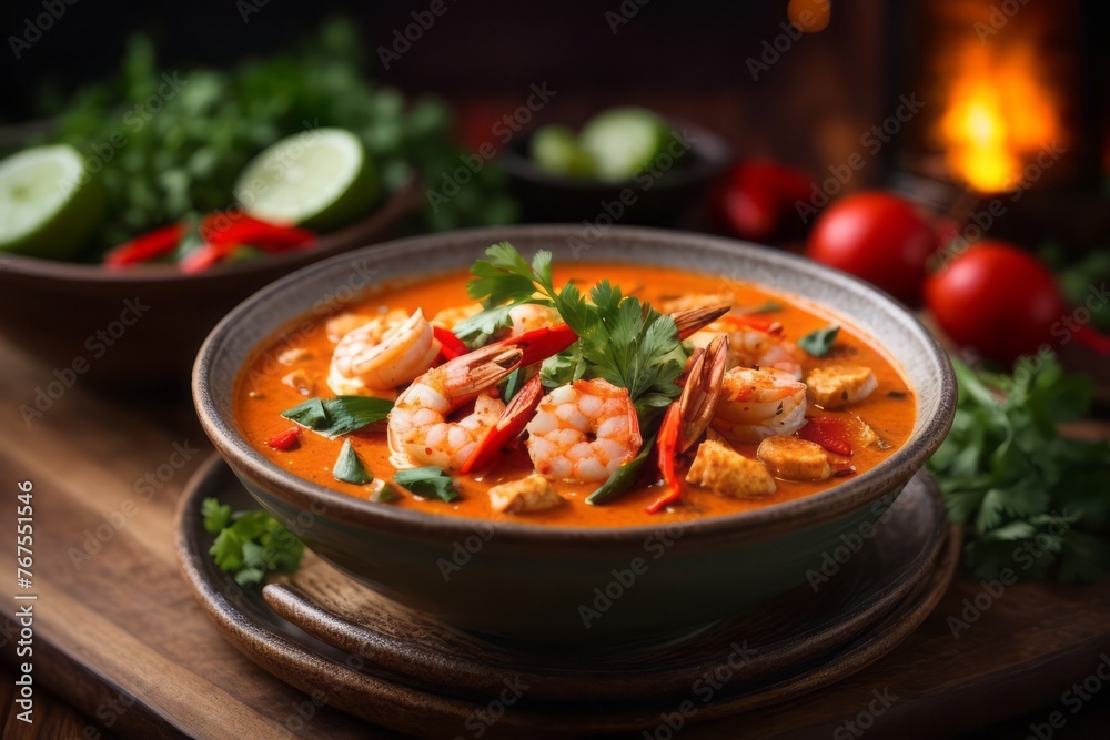 Thai spicy red curry with shrimp served on wooden table, delicious restaurant food menu Thai spicy red curry with shrimp served on wooden table, delicious restaurant food menu