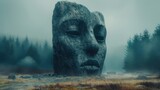 A mysterious foggy landscape with an ancient stone sculpture of a third eye emerging from the ground signifying the awakening of spiritual wisdom and insight.