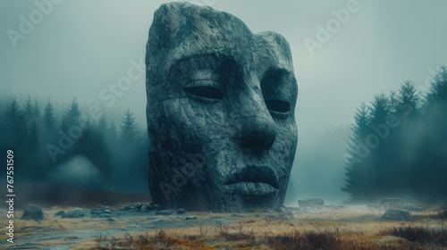 A mysterious foggy landscape with an ancient stone sculpture of a third eye emerging from the ground signifying the awakening of spiritual wisdom and insight. photo