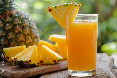 Glass of pineapple juice with a slice and whole pineapple