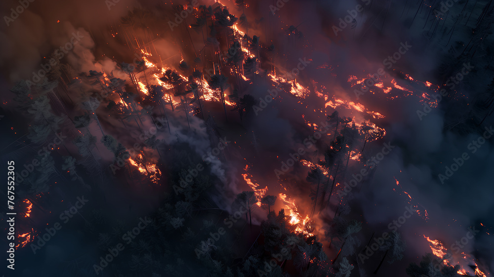 A forest fire is raging, with smoke and flames visible in the air. The trees are burning, and the sky is filled with smoke. The scene is chaotic and dangerous, with the potential for destruction