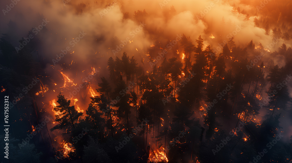 A forest fire is raging, with smoke and flames visible in the air. The trees are burning, and the sky is filled with smoke. The scene is chaotic and dangerous, with the potential for destruction