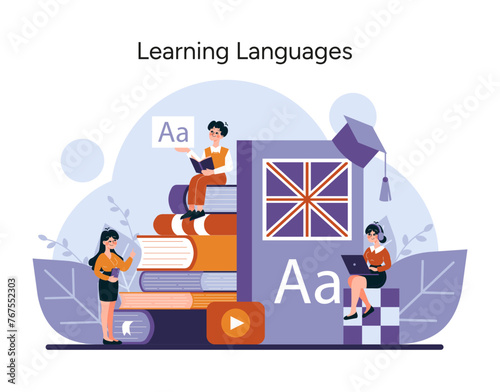 Enthusiastic learners delve into linguistics with books and digital aids, showcasing the joy of learning new languages