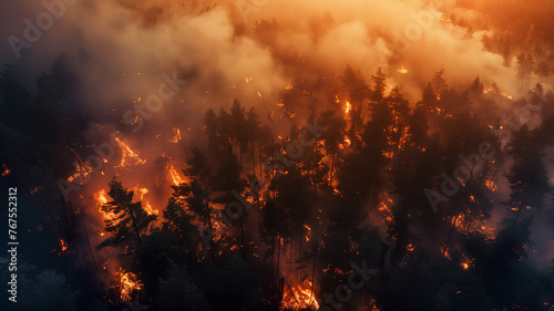 A forest fire is raging, with smoke and flames visible in the air. The trees are burning, and the sky is filled with smoke. The scene is chaotic and dangerous, with the potential for destruction