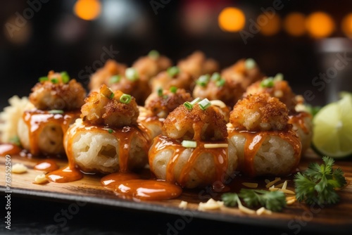 Takoyaki octopus balls, popular Japanese food, Japanese snack, delicious restaurant food menu