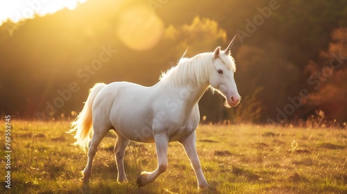 A unicorn runs free in a spring field, sunshine, fantasy backgrounds with copy space. © BackgroundHolic