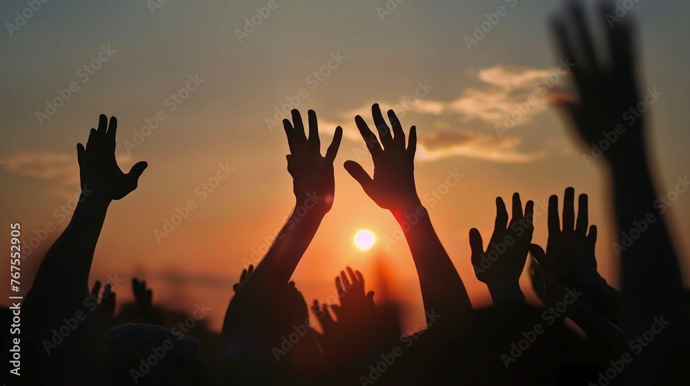 Easter Religious concept: human rising hands over blurred cross background