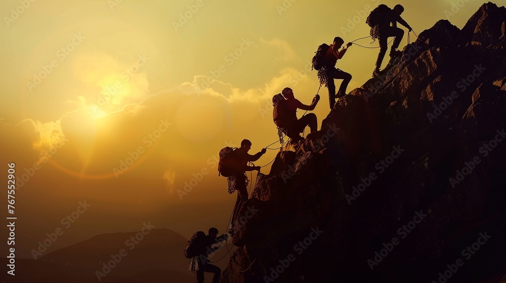 Group of hikers climbing to the top of the mountains at sunset.