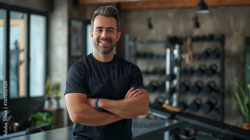 Gym, fitness and portrait of proud man standing with smile, motivation, health and energy for training. Coach, personal trainer or happy boxing club owner in studio for workout, coaching and wellness