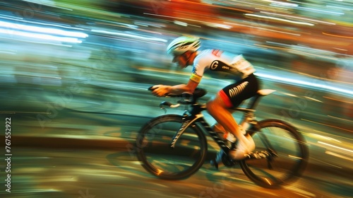 A panning shot of a cyclists leg muscles bulging as they power through a turn. © Justlight