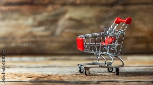 Online shopping Internet shopping concept, empty miniature shopping cart standing in front of laptop, copy space.