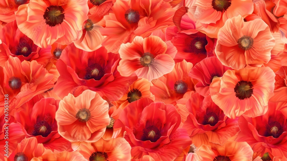 Fototapeta premium Poppy field seamless pattern with bright red flowers and delicate petals