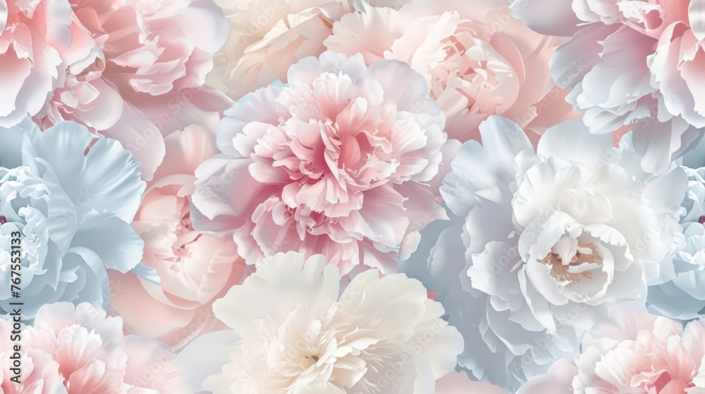 Peonies seamless pattern in pastel colors for a romantic and soft background