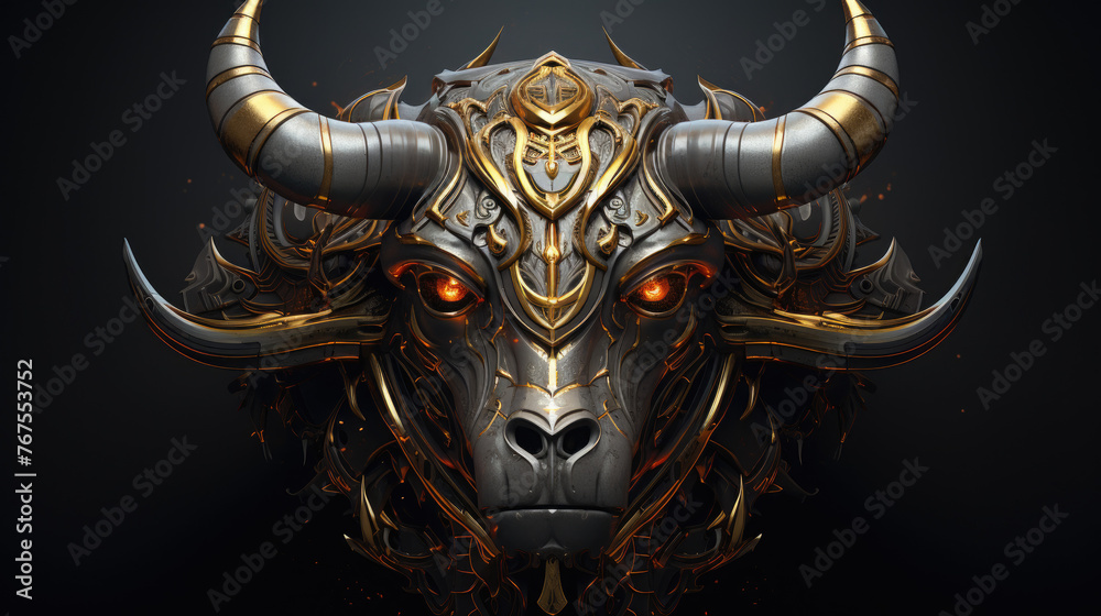 3d metallic golden buffalo, bull head on black beautiful texture background. Beautiful 3D print design for interior, wall, wallpaper, canvas. Video game logo