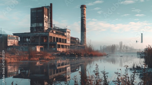 An abandoned industrial building sits decrepit a stark reminder of the environmental harm caused by unchecked carbon emissions. . AI generation. photo
