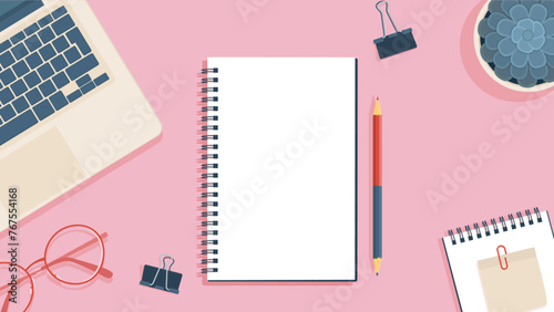 desk top view in flat style notebook, laptop, glasses, clips pens pencils over pink background