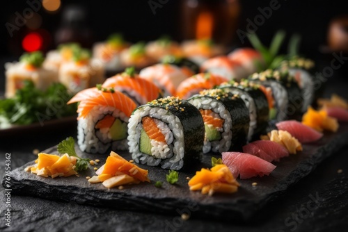 sashimi and sushi rolls served on stone, delicious restaurant food menu