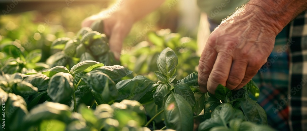 A farmer carefully inspects and tends to lush basil plants in a sunlit greenhouse.