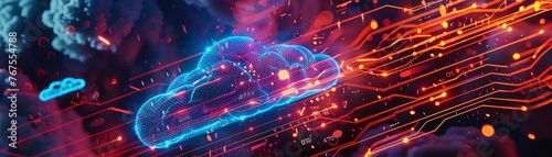 A Digital concept of cloud computing with a neon cloud and circuitry in a vibrant cyberspace. © Creative_Bringer