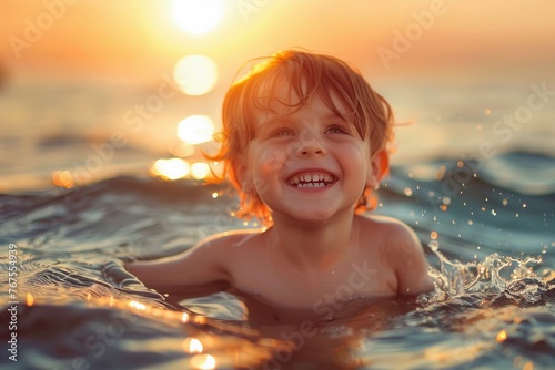 A joyful child with a big smile playing in the sea water as the sun sets. © Creative_Bringer