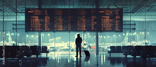 A lone traveler views the departure board in a modern airport terminal photo