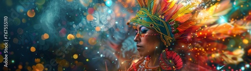 A representation of Mexican cultural art captured in a mesmerizing and vibrant light display of a woman in traditional attire.