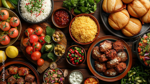 Traditional delicious Brazilian foods on display on a restaurant table, flat lay style.