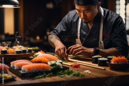 Asian sushi chef making sushi set on wooden table in restaurant kitchen