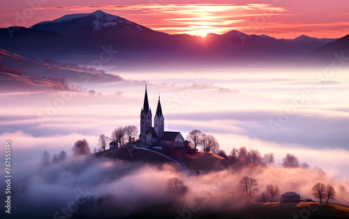 Catholic Church against the backdrop of sunrise and morning fog in the mountains. religion and christianity
