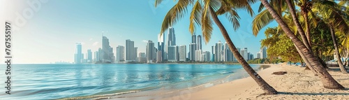 A Tropical beach with palm trees and modern city skyscrapers in the background under a clear sky.