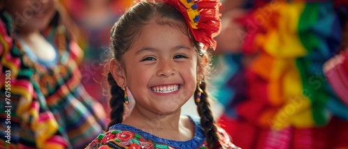 A young girl smiles as she performs in a colorful traditional Mexican dance costume with others in motion around her.