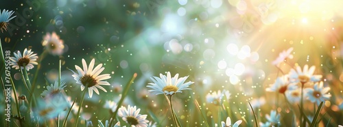 Ethereal Spring Meadow: Sunlit White Daisies, Soft Blurred Background in Impressionist Tones and Blurred Background with Bokeh