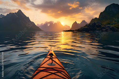 yellow kayak boat floats down the river in the fjords of Norway towards the sunset. view from myself © photosaint