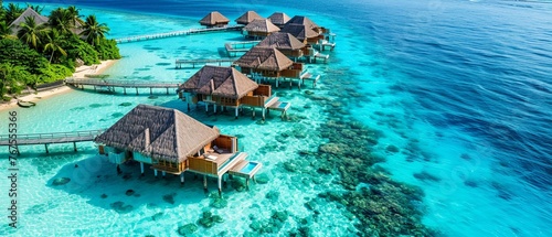 An Aerial view of luxurious overwater bungalows in the clear blue waters of the Maldives.