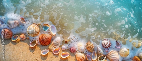 An array of colorful seashells scattered on the shore of a pristine tropical beach. © Creative_Bringer