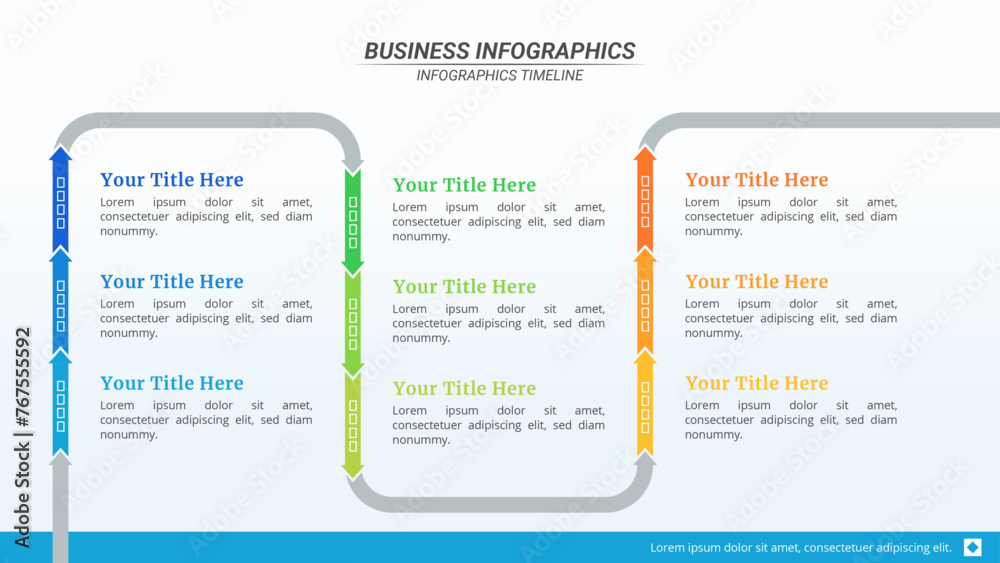Arrow Timeline Infographic Presentation Template with 9 Steps and Editable Text on a 16:9 Layout for Business Presentations, Management, and Evaluation.