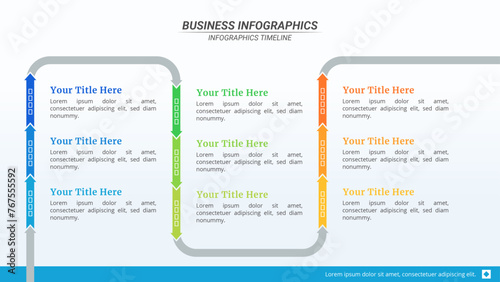 Arrow Timeline Infographic Presentation Template with 9 Steps and Editable Text on a 16:9 Layout for Business Presentations, Management, and Evaluation.
