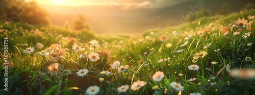 Sunset Symphony: Idyllic Early Summer Landscape with Green Meadows in a Valley, Panoramic Serenade