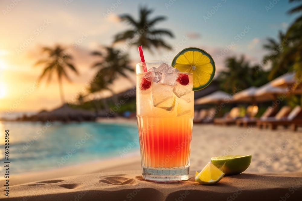 Fresh cocktail summer drink at luxury tropical beach resort on sunset background Fresh cocktail summer drink at luxury tropical beach resort on sunset background