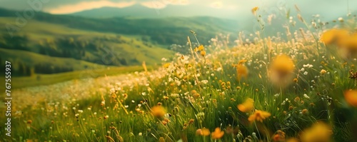 Sunset Reverie: Captivating Later Spring Landscape, Green Meadows in the Valley, Panoramic Bliss