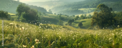 Majestic Meadows at Dusk: Tranquil Later Spring Scenery in a Valley, Offering a Stunning Panoramic Vista
