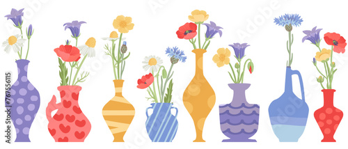 vector drawing set of vase with wild flowers, flowerpots isolated at white background, hand drawn illustration