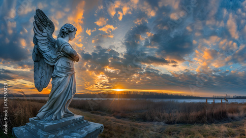 Celestial Angel Statue Overlooking a Breathtaking Sunset Landscape © Mickey