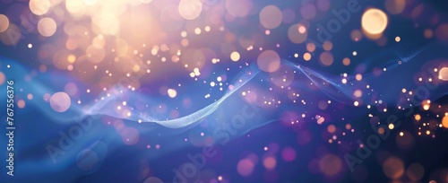 Abstract cosmic phenomenon with radiant light beams and floating particles on a space-inspired blue and purple background.