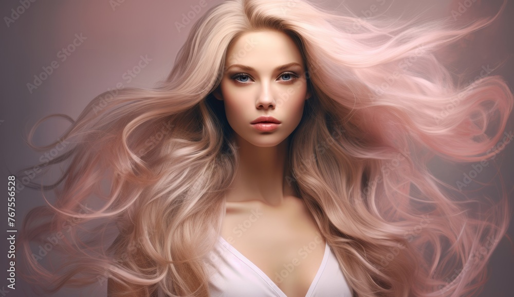 Portrait of a beautiful Blonde Hair of caucasian woman with a bright smile for shampoo advertising concept Hair conditioner and cosmetic products on pastel pink background. Portrait of a beautiful Blonde Hair of caucasian woman with a bright smile for shampoo advertising concept Hair conditioner and cosmetic products on pastel pink background.