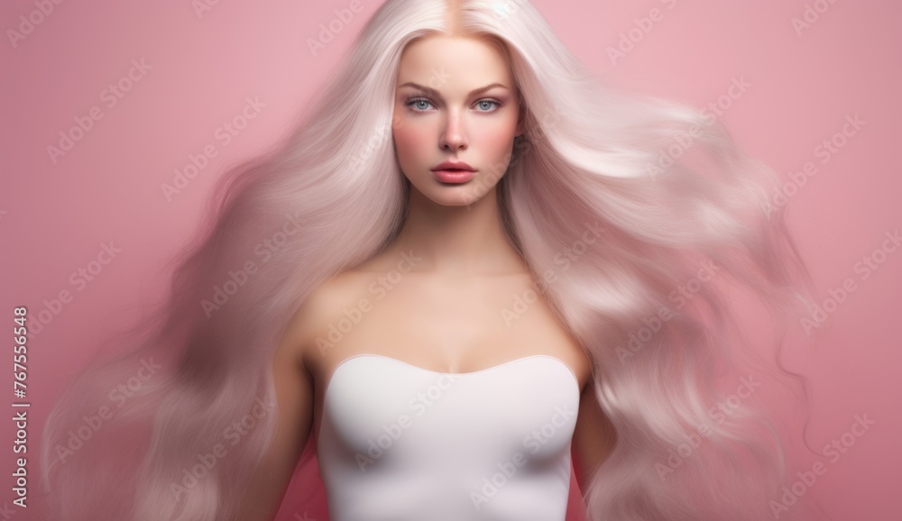 Portrait of a beautiful Blonde Hair of caucasian woman with a bright smile for shampoo advertising concept Hair conditioner and cosmetic products on pastel pink background.