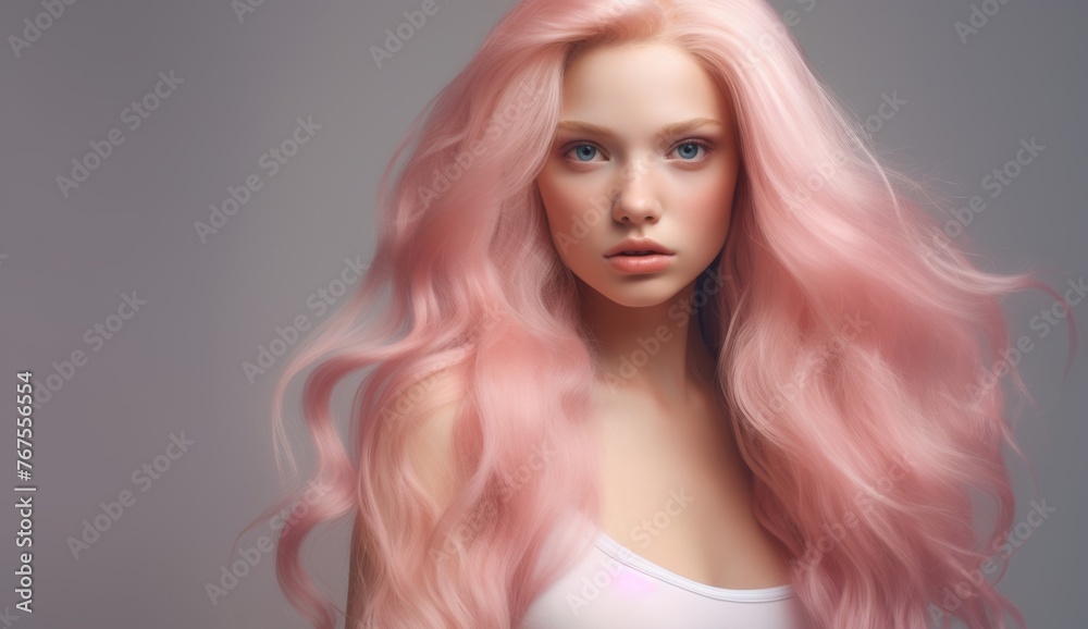 Fototapeta premium Portrait of a beautiful Blonde Hair of caucasian woman with a bright smile for shampoo advertising concept Hair conditioner and cosmetic products on pastel pink background.